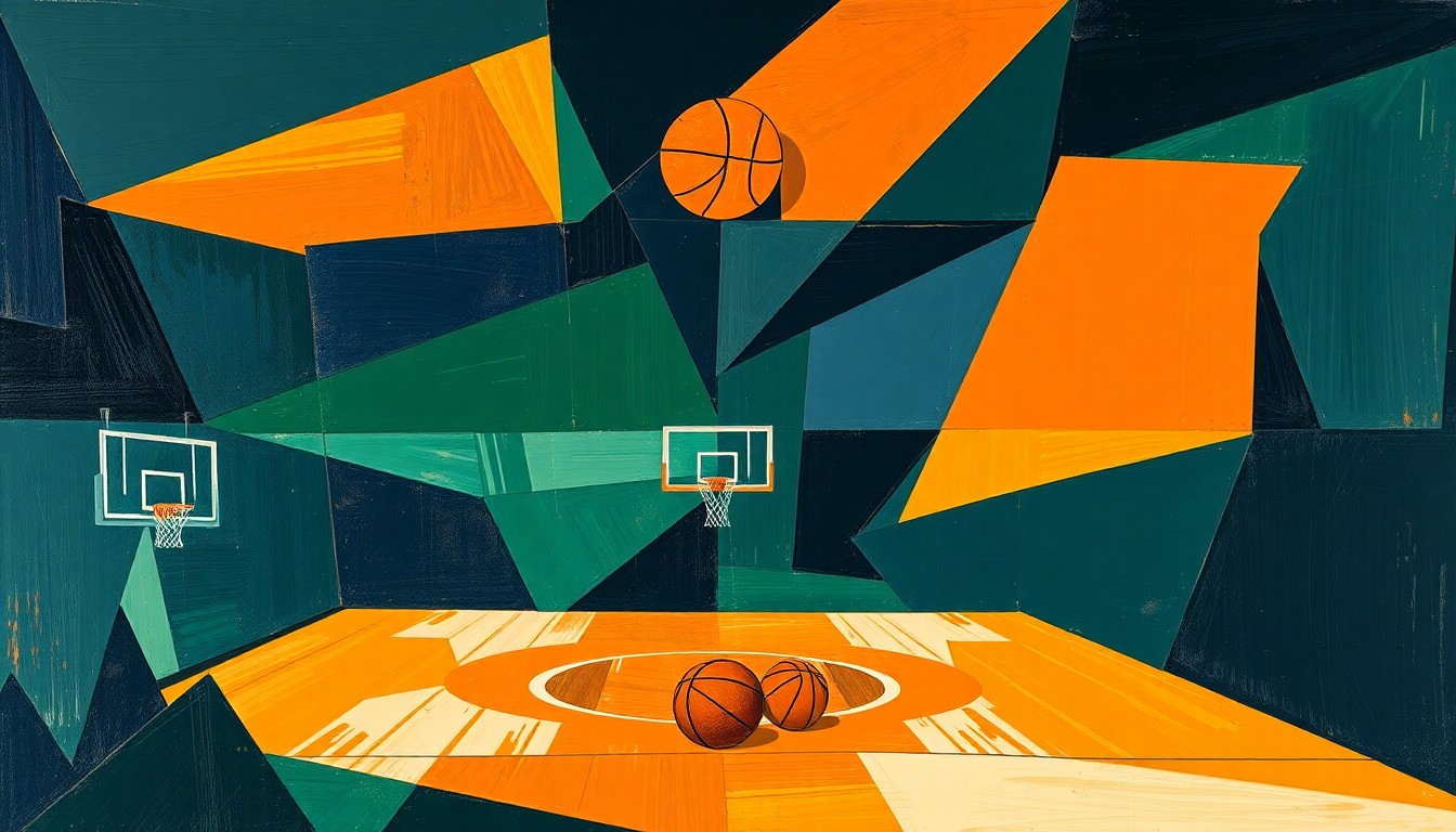 A fragmented, cubist-style painting depicting the chaotic energy of a college basketball game, with sharp geometric shapes in deep navy, forest green, and burnt orange overlapping to create a sense of movement and intensity.