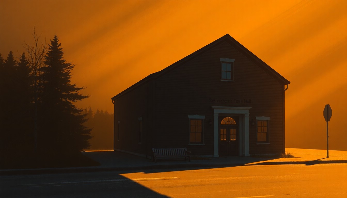 A serene, painterly depiction of a municipal building in Silverthorne, Colorado, with warm sunlight casting long shadows across the structure, conveying a sense of civic pride and community investment.