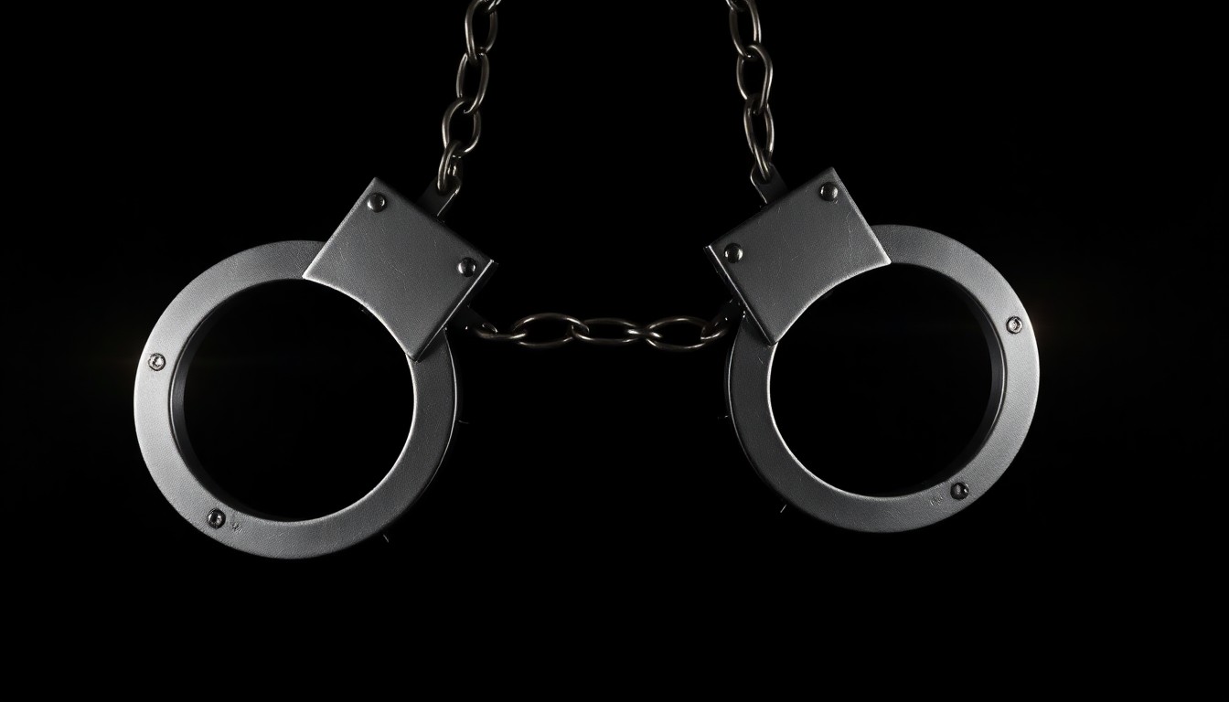 An extreme close-up photograph of a pair of metal handcuffs against a pitch-black background, the harsh flash creating dramatic shadows and textures to convey the gravity of the alleged crime.