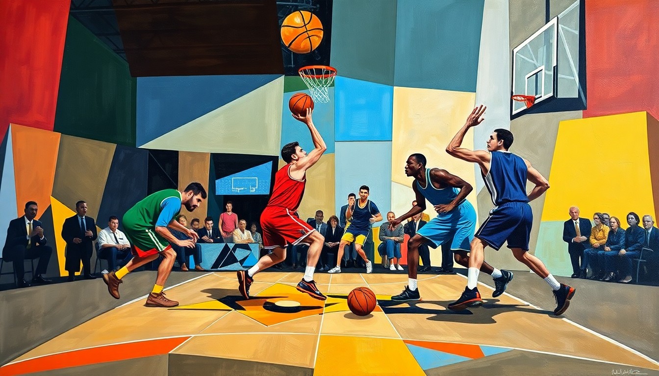 A fractured, multi-perspective painting in the cubist style, breaking down a basketball game into sharp, overlapping geometric planes of color. The players' figures are abstracted into angular shapes, with the court and ball also deconstructed into a cubist composition.