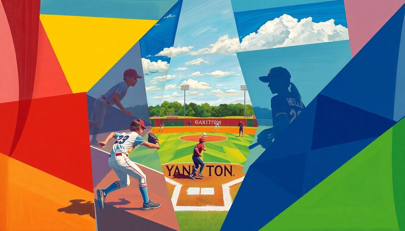 A cubist, geometric painting depicting a high school softball game, with sharp, overlapping planes of color representing the dynamic action on the field.