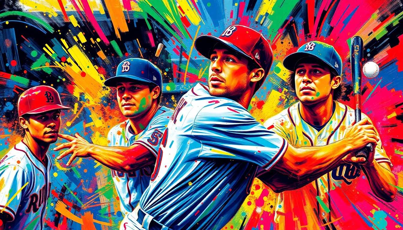An abstract expressionist painting in vibrant neon colors, with rapid brushstrokes capturing the dynamic motion and energy of a baseball game.