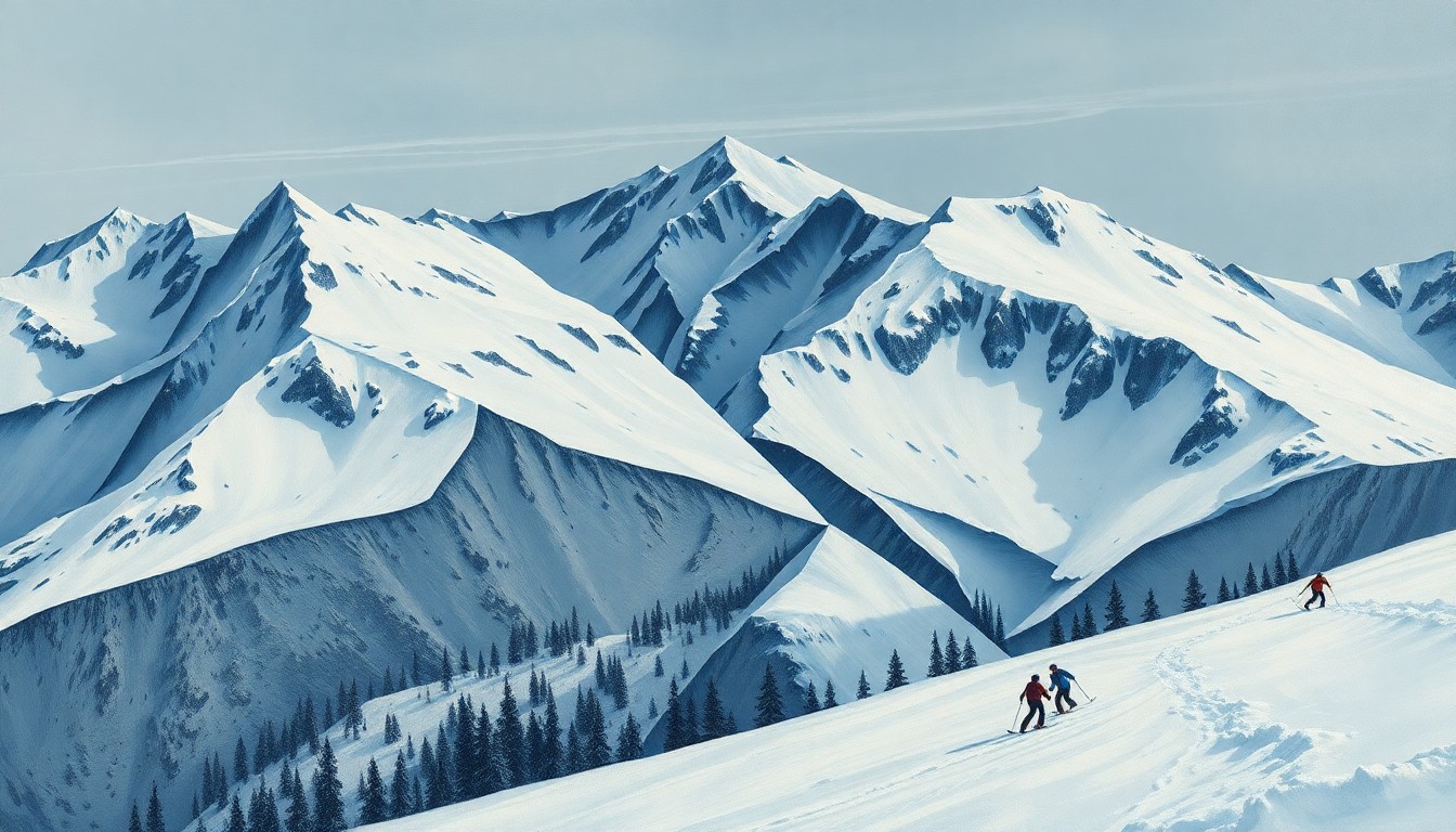A fragmented, geometric painting depicting a snowy mountain landscape with skiers, conveying the dangerous and unpredictable nature of the backcountry terrain.