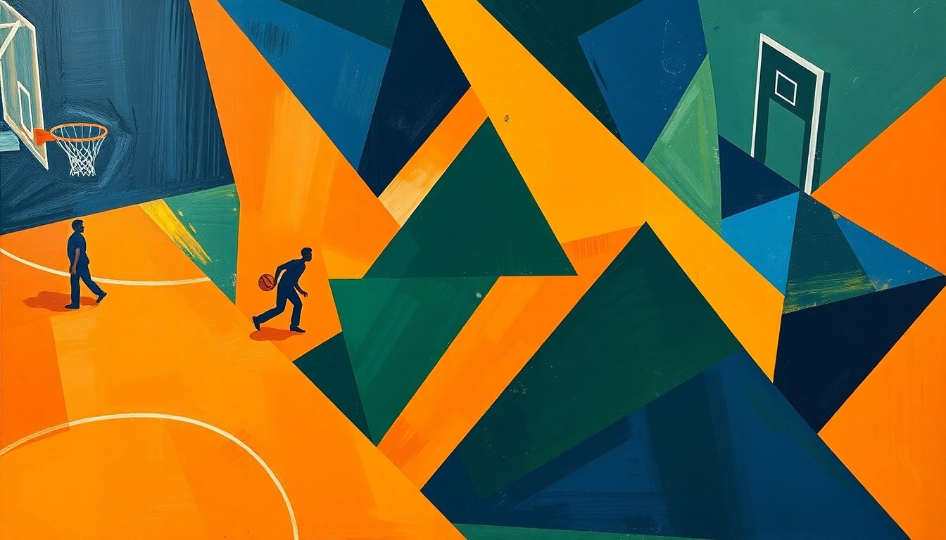 A fragmented, cubist-style painting depicting a basketball game, with the players and court broken down into sharp, overlapping geometric shapes in deep blues, greens, and oranges, conveying the intensity and physicality of the Elite Eight matchup.