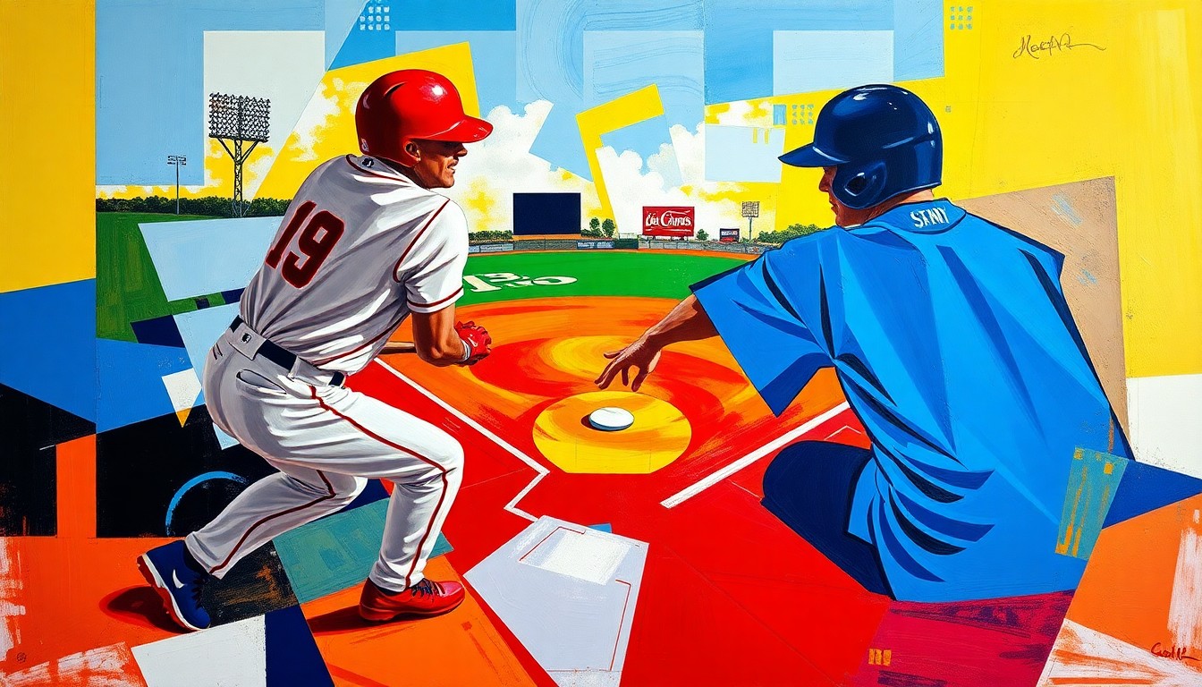 A cubist, geometric painting depicting a baseball player in motion, with the figure broken down into overlapping planes of bright, vibrant colors.