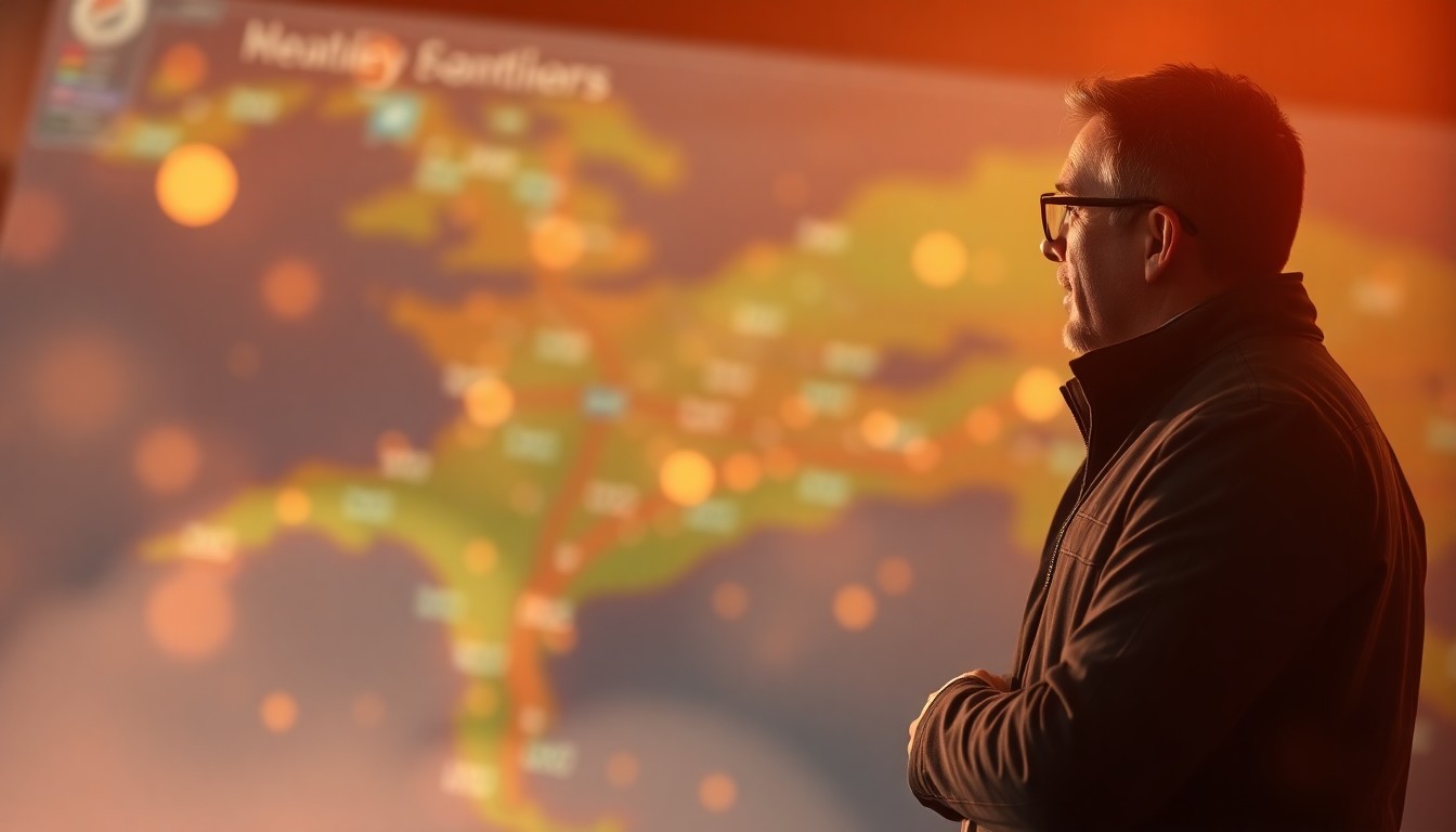 An extremely abstracted, out-of-focus photograph of a meteorologist standing in front of a weather map, with soft pools of warm color and light creating a dreamlike, atmospheric scene that conceptually represents the transition of a news anchor leaving a station.