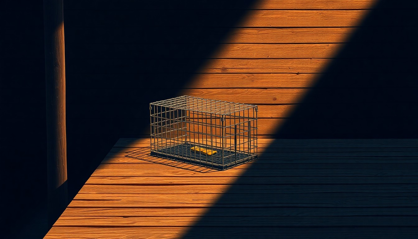 A close-up view of an old, weathered lobster trap sitting alone on a wooden dock, with the trap's shadows stretching across the sun-dappled surface, conveying a sense of solitude and the quiet struggles within the state's political and economic landscape.