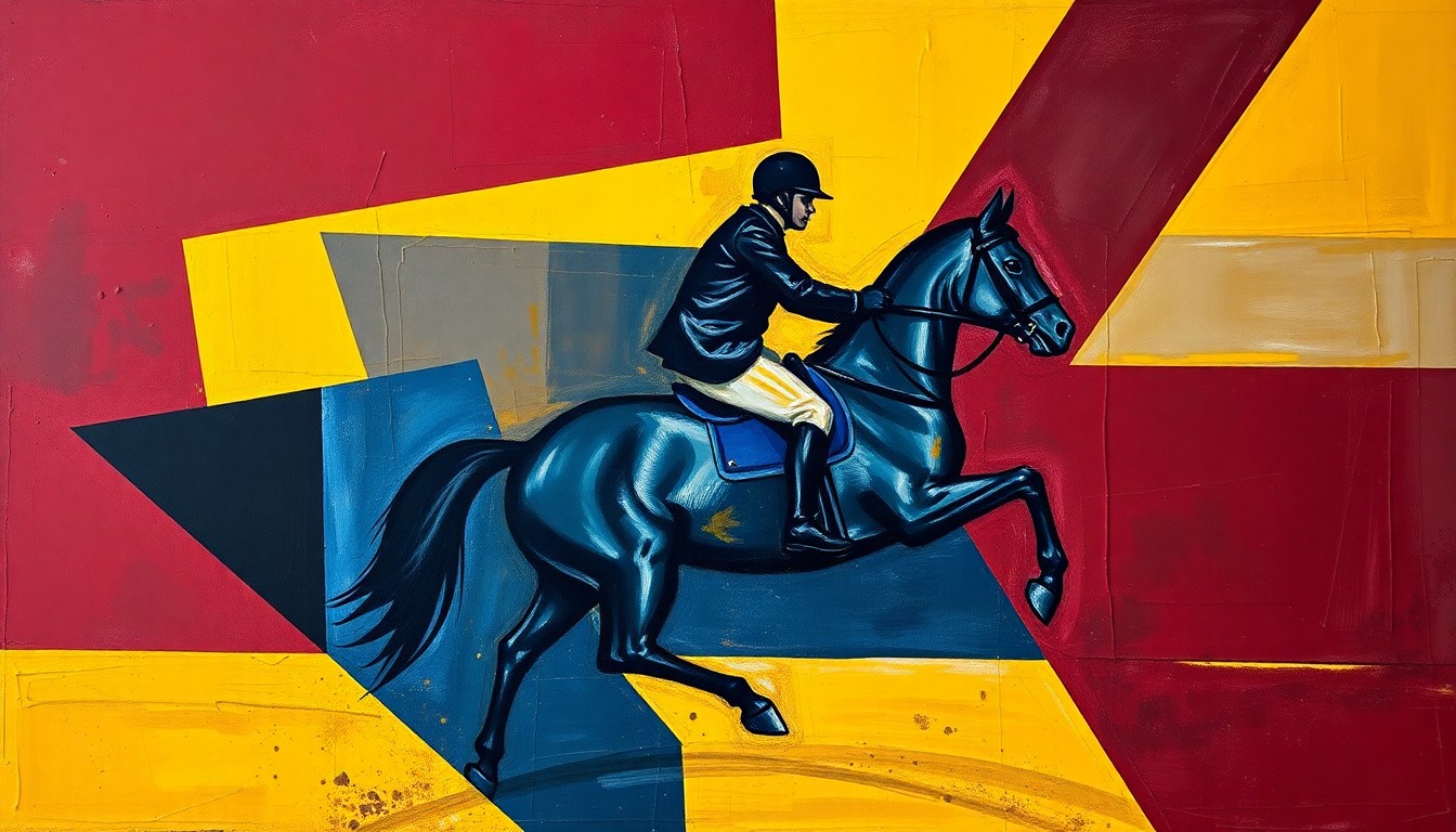 A cubist, geometric painting depicting an equestrian competition, with sharp, overlapping planes of maroon, navy, and yellow colors representing the dynamic action and energy of the event.