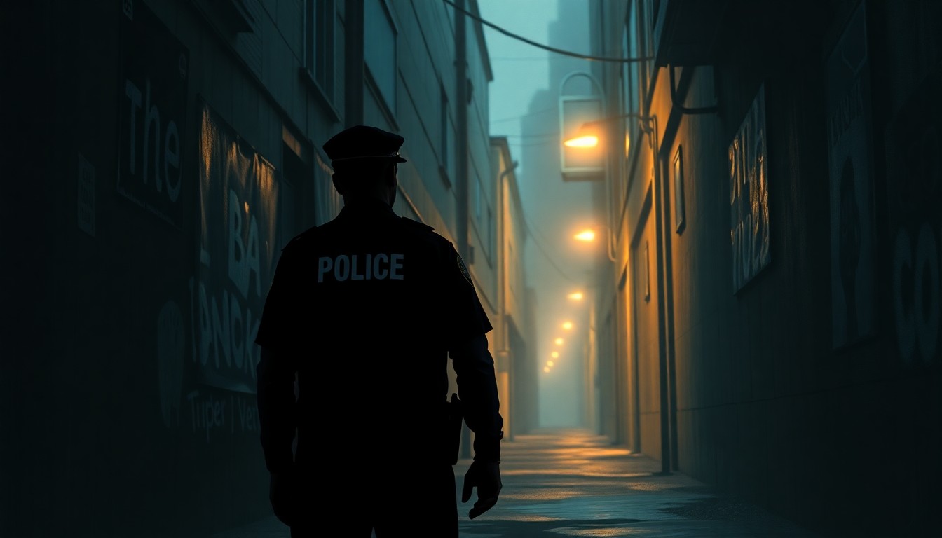 A moody, atmospheric painting depicting a lone police officer standing in the shadows of a dimly lit urban alleyway, conveying a sense of unease and tension surrounding the clash between authorities and protesters.