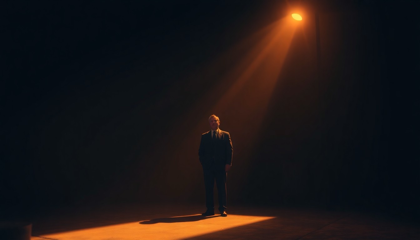 A cinematic painting depicting a lone political figure standing in a dimly lit urban setting, with warm sunlight casting dramatic shadows across the scene, conveying a sense of solitude and contemplation.