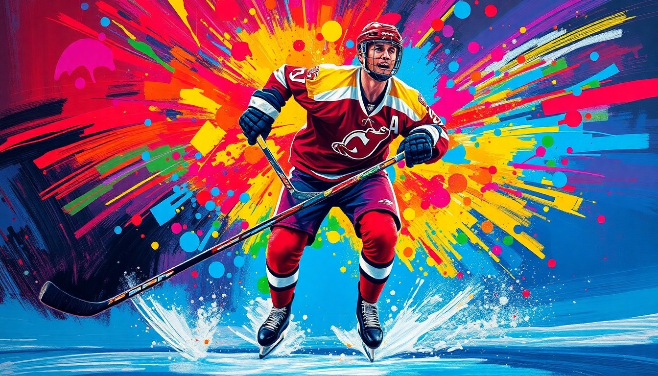 An abstract, expressionist painting featuring bold, neon-colored brushstrokes that capture the dynamic movement and intensity of a hockey player scoring a goal, with the player's face and jersey details dissolving into an energetic blur.