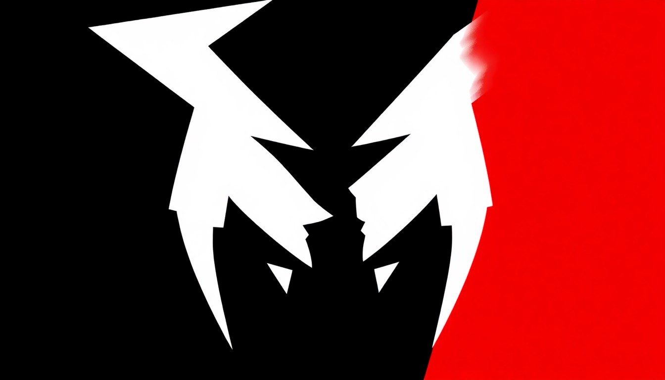 A striking abstract composition of bold, angular shapes in black, white, and red, conceptually representing the reunion of two former reality TV personalities.