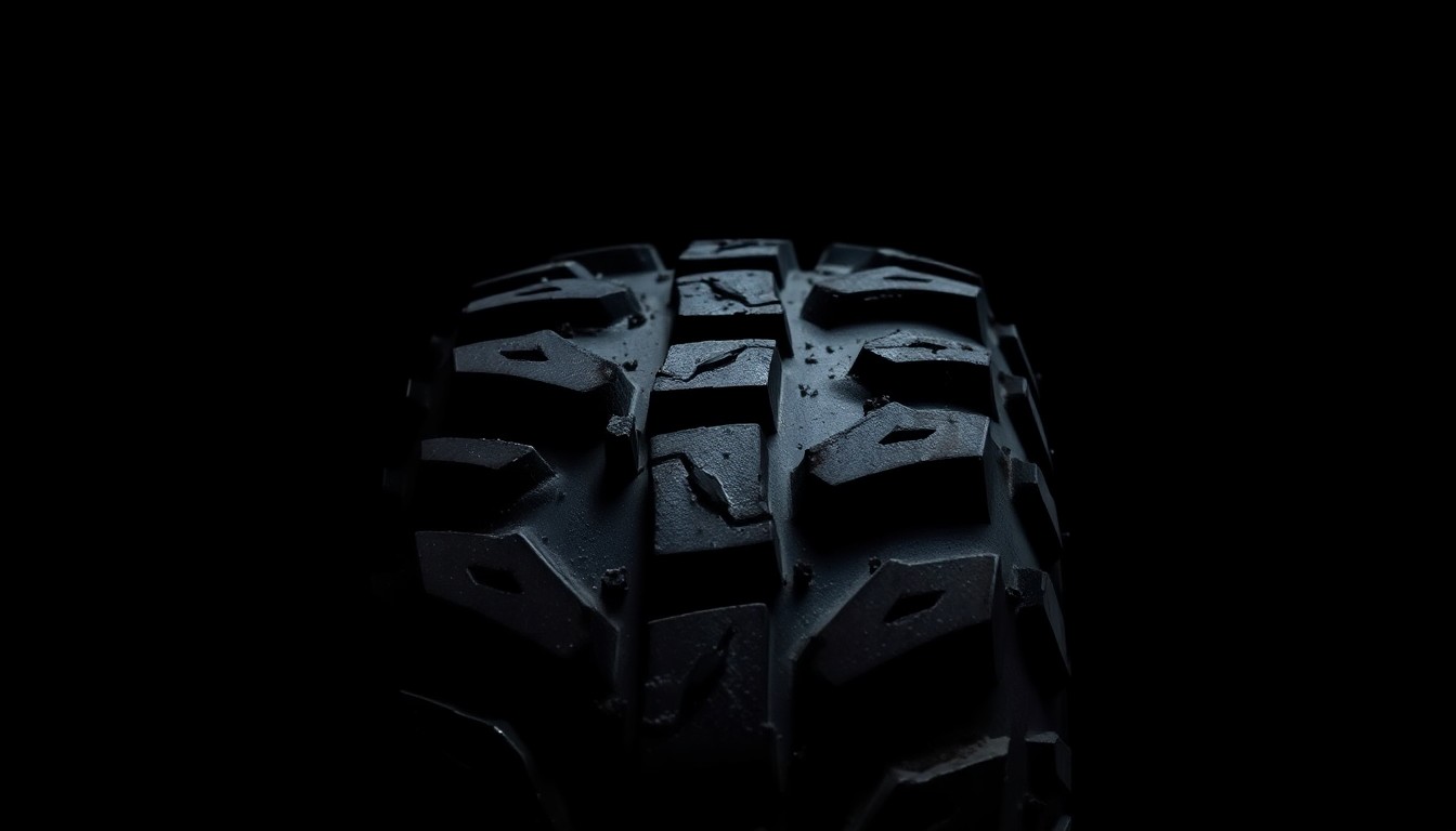 An extreme close-up photograph of a damaged ATV tire tread, with the textured rubber and dirt captured in dramatic detail against a pitch-black background, conceptually representing the dangers of an off-road vehicle pursuit.