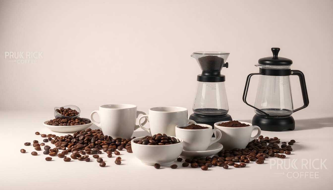 A high-end studio still life photograph featuring a carefully arranged composition of premium coffee cups, beans, and brewing equipment on a clean, monochromatic background, symbolizing the craft and quality of Black Rock Coffee's offerings.