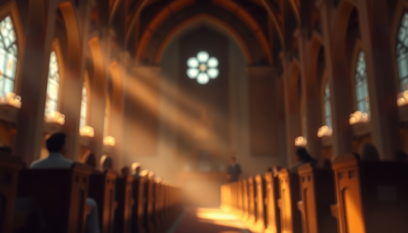 An abstract, blurred image of a church interior with warm, hazy lighting, evoking the contemplative and communal spirit of the Holy Week services in Nacogdoches.