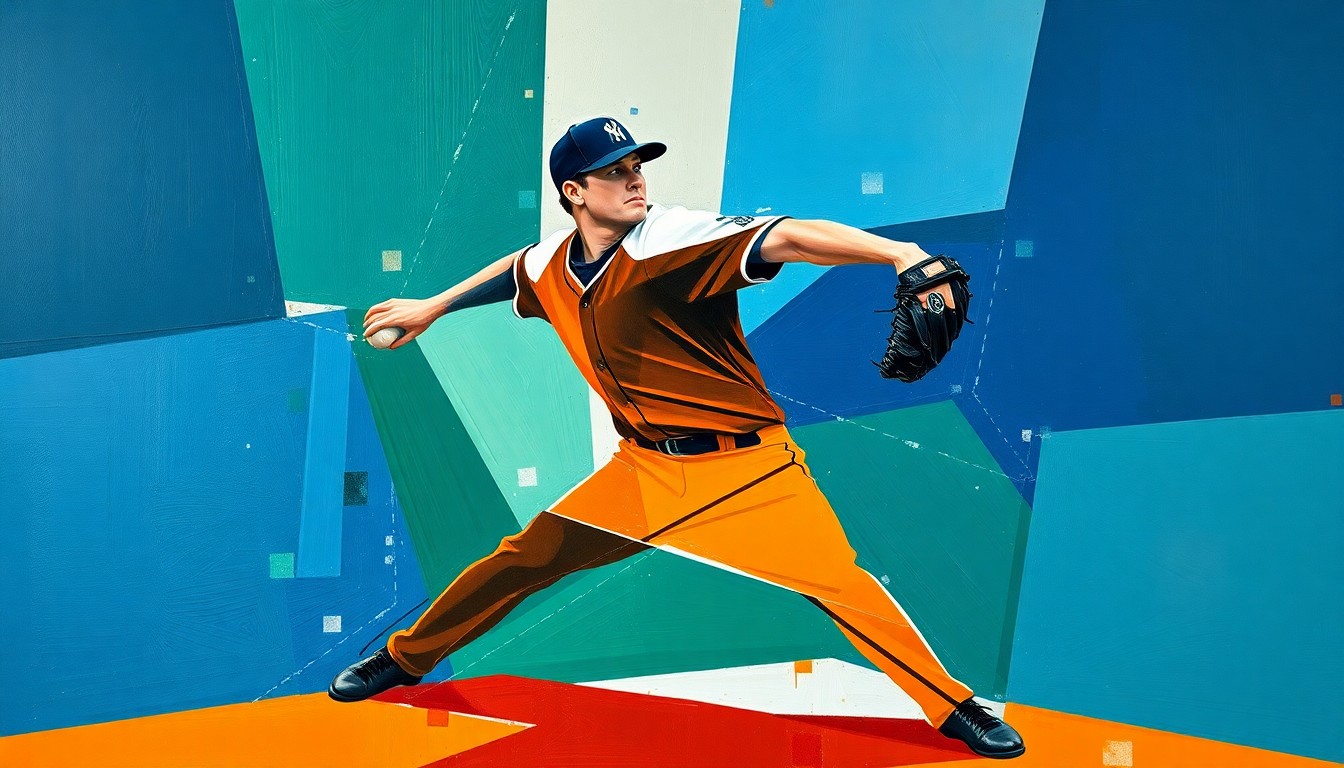 A cubist, multi-perspective painting depicting a baseball pitcher's motion broken down into sharp, overlapping geometric planes in navy, green, and orange, conveying the sudden disruption and pain of a non-contact injury.