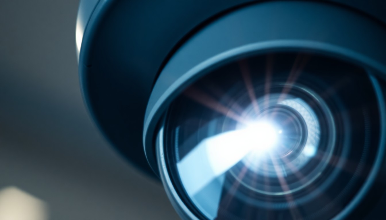 An extreme close-up photograph of a bank security camera lens, reflecting a harsh flash of light, conceptually illustrating the dangers of faulty AI-powered surveillance systems.
