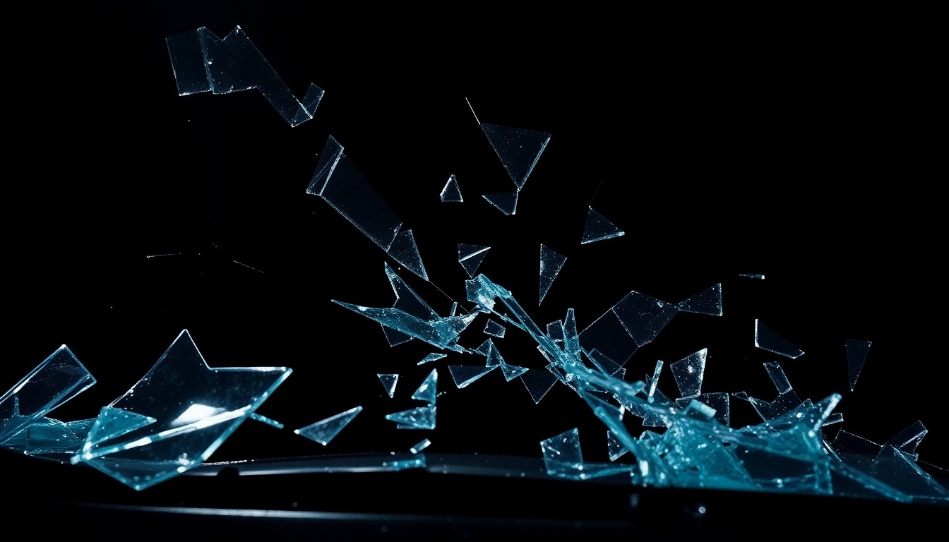 An extreme close-up of a shattered car windshield, the jagged glass fragments conceptually representing the devastation caused by impaired driving.
