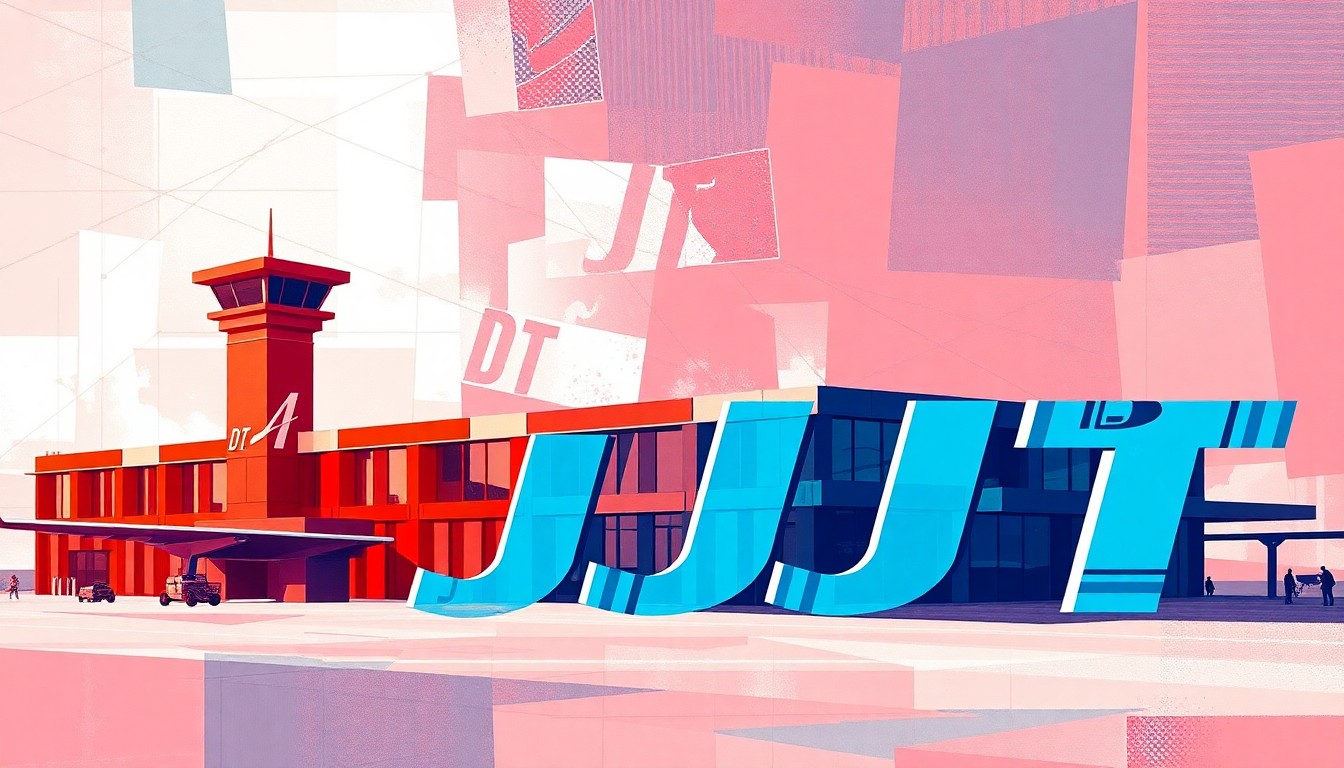 A fractured, abstract painting in red, white, and blue hues depicting an airport terminal building, with the letters 'DJT' repeated in overlapping geometric shapes, conceptually representing the renaming of the airport.