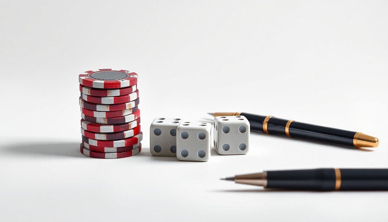 A minimalist studio photograph featuring a stack of casino chips, a pair of dice, and a luxury pen arranged on a clean, monochromatic background, symbolizing the abstract concepts of corporate strategy, finance, and risk in the casino industry.