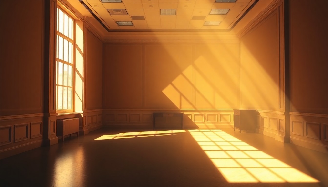 A dimly lit, cinematic painting of an empty government office space, with warm sunlight streaming in through the windows and creating deep shadows across the desks and chairs. The scene conveys a sense of political tension and the erosion of institutional independence.