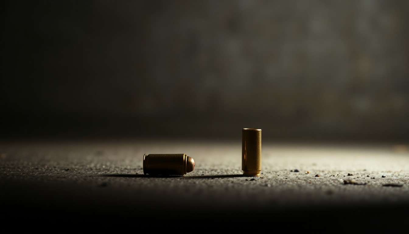 An extreme close-up photograph of a single spent bullet casing on a dark concrete surface, creating a stark, gritty, investigative aesthetic through the use of harsh, direct flash lighting.