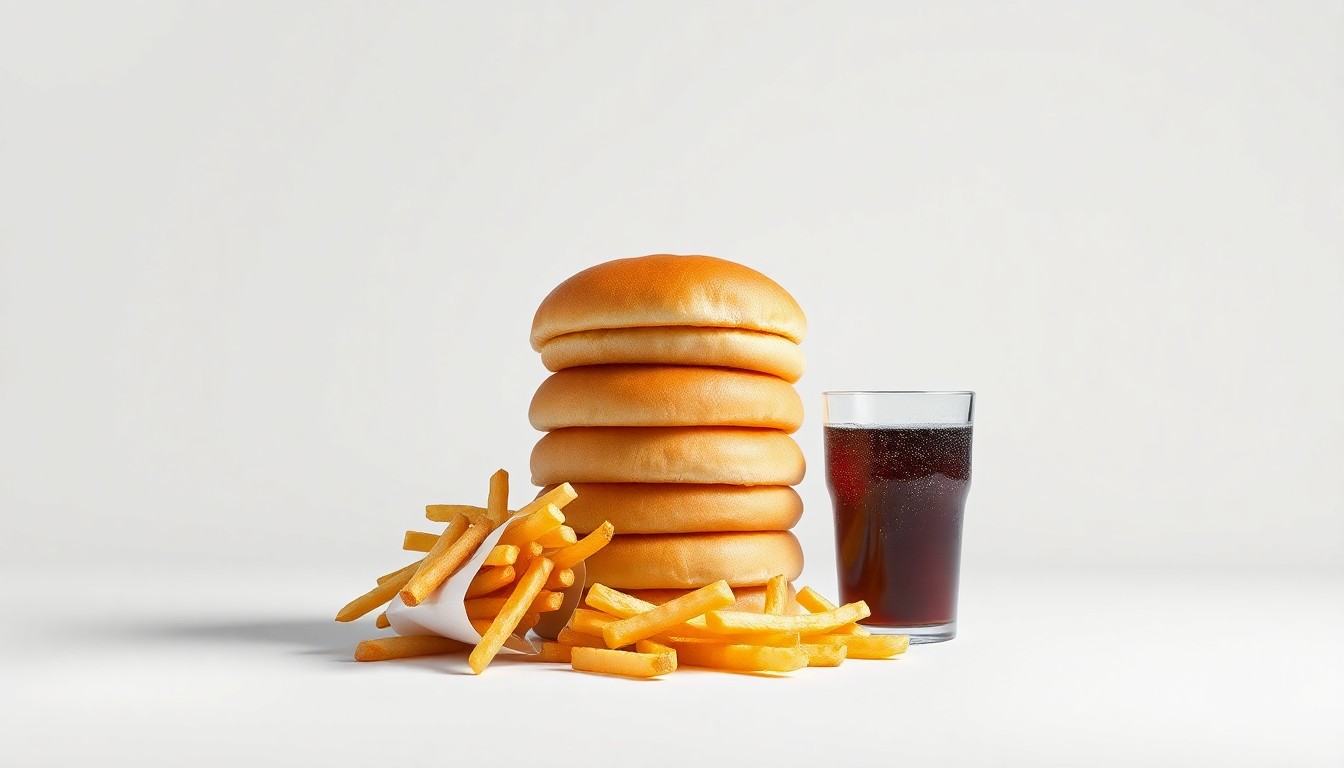 A high-end, photorealistic studio still-life photograph featuring a stack of Jack in the Box burger buns, a pile of crispy french fries, and a small glass of soda, all arranged elegantly on a clean, monochromatic background to represent the abstract concepts of corporate strategy, innovation, and brand value.