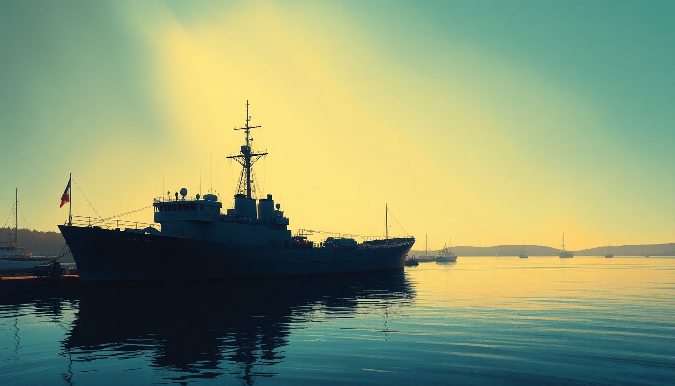 A serene, photorealistic painting of a Russian naval vessel docked at a port, with the surrounding buildings and infrastructure rendered in a muted, nostalgic color palette and dramatic lighting, conveying a sense of tension and uncertainty.