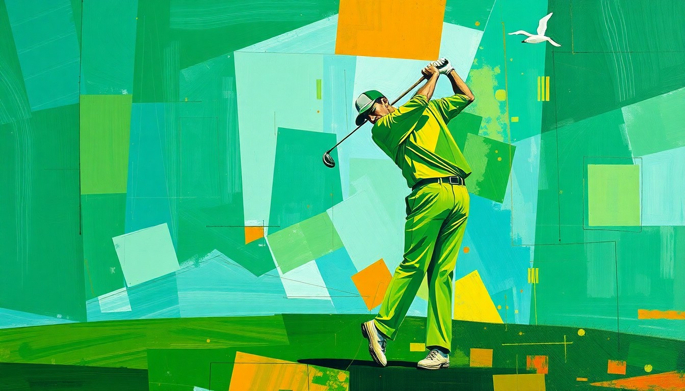 A fragmented, geometric painting depicting a golfer's swing broken down into overlapping planes of emerald green, sky blue, and warm ochre, conveying the mental and physical intensity of professional golf.