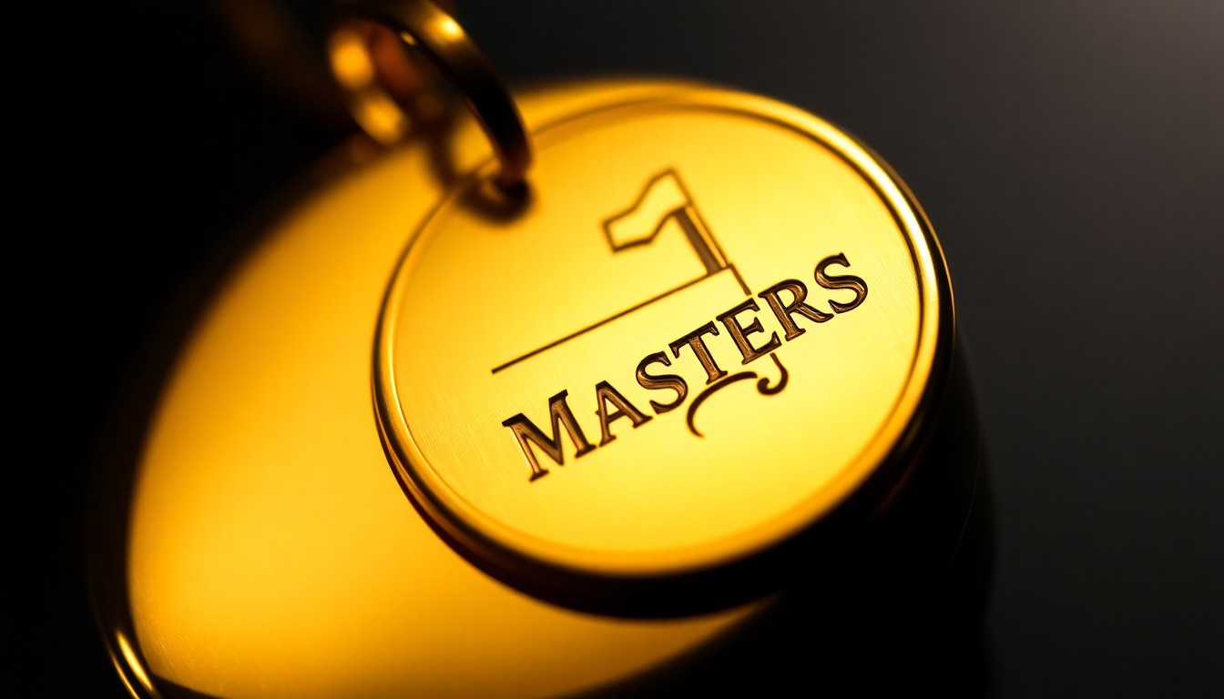 An extreme close-up photograph showcasing the intricate engraved details and shimmering gold surface of a vintage Masters golf tournament locket, capturing the luxurious and exclusive nature of this rare piece of sports memorabilia.