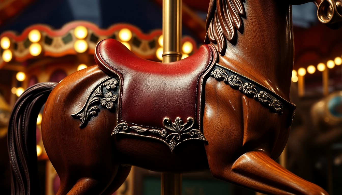An extreme close-up photograph showcasing the intricate, hand-carved wooden details and luxurious leather saddle of a salesman's model carousel horse, using dramatic high-contrast studio lighting to capture the glittering, high-end glamour of this rare amusement park collectible.