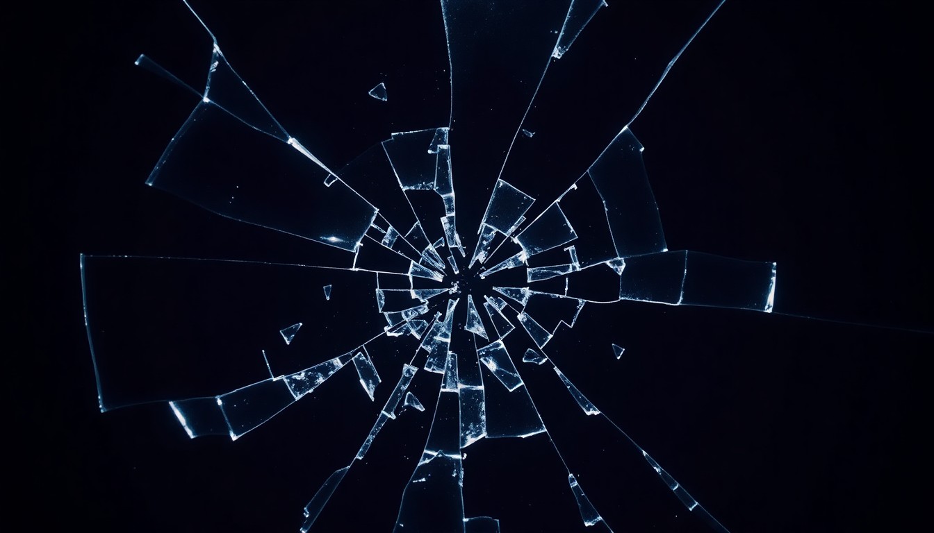 An extreme close-up of shattered glass reflecting dramatic, high-contrast lighting, conceptually representing the fragility and tension in a celebrity relationship.