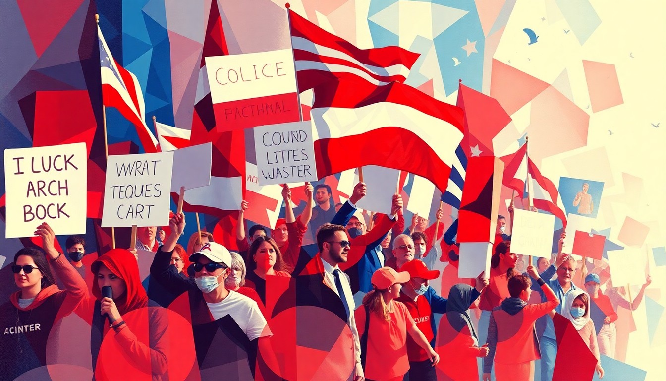 A dynamic, abstract painting of protesters marching with signs, the figures and colors blending together in a sense of collective energy and determination.