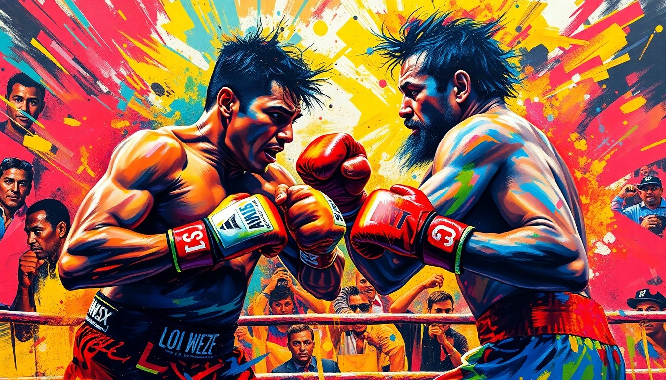 A vibrant, expressionist painting in neon colors depicting the dynamic movements and energy of a boxing match, with the figures of the fighters dissolving into abstract brushstrokes.