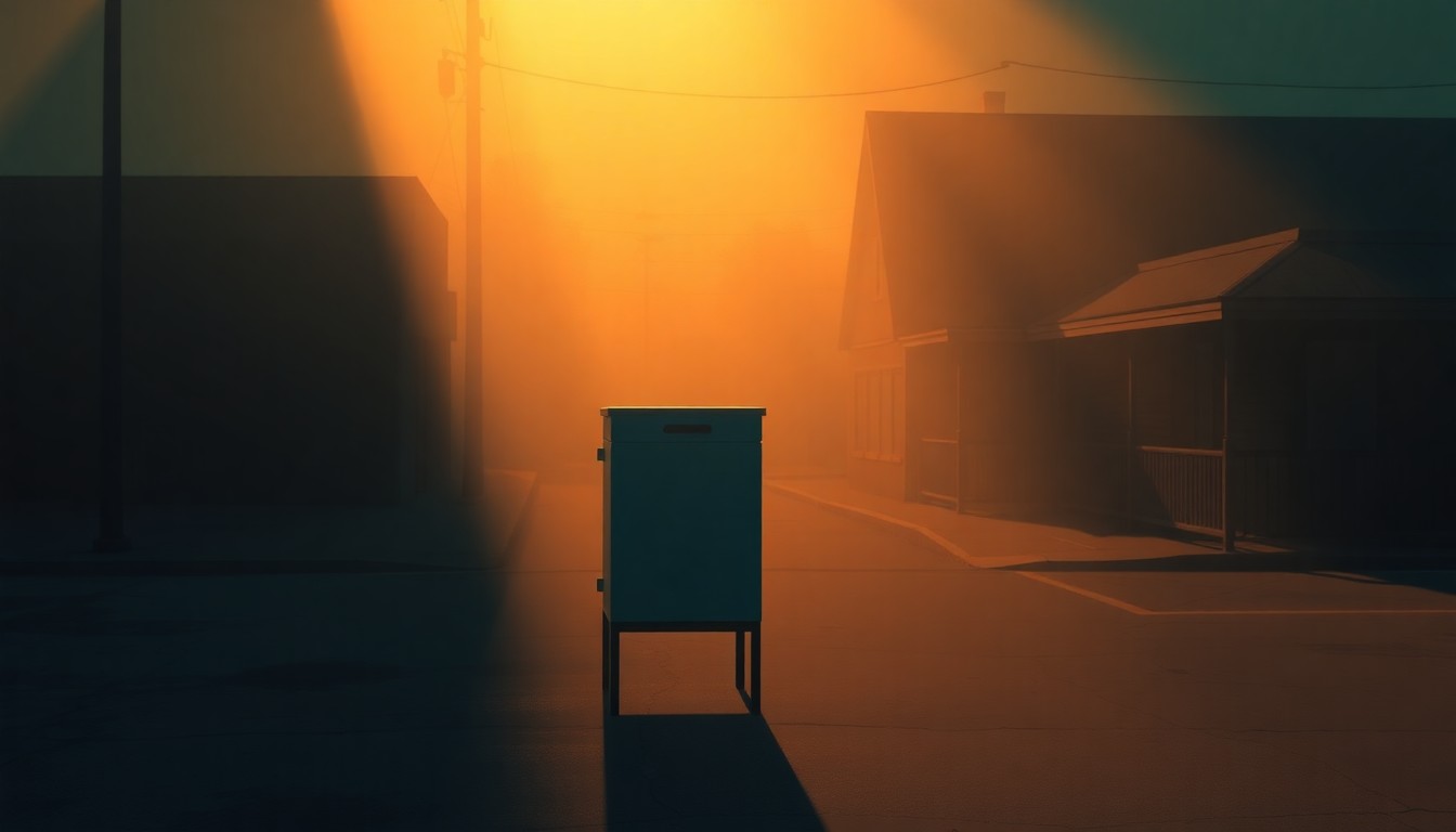 A photorealistic painting of a lone ballot box or voting booth in a dimly lit, nostalgic small-town setting, with warm sunlight streaming in through a window and creating deep shadows across the scene, capturing the tension and high stakes of the redistricting debate.
