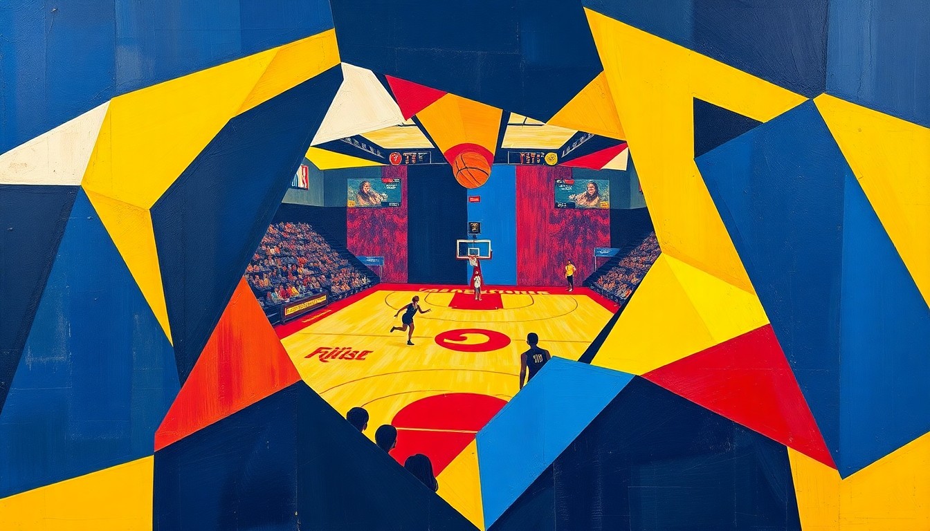 A fractured, cubist-style painting depicting the dynamic action of a women's basketball game, with overlapping geometric shapes and planes in navy, yellow, and red, capturing the energy and intensity of the Wolverines' victory.