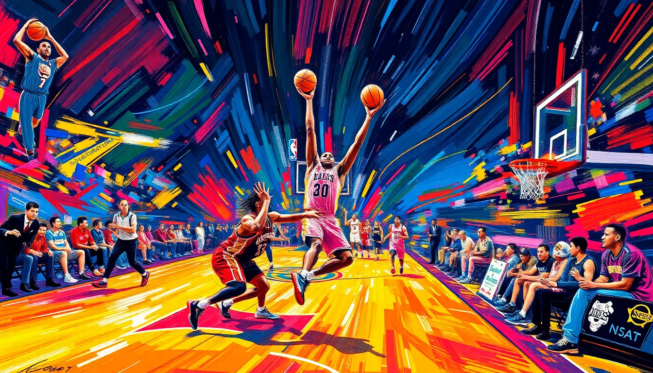 An abstract painting featuring bold, expressive brushstrokes in neon shades of orange, pink, and blue, capturing the dynamic energy and intensity of a close NBA basketball game.