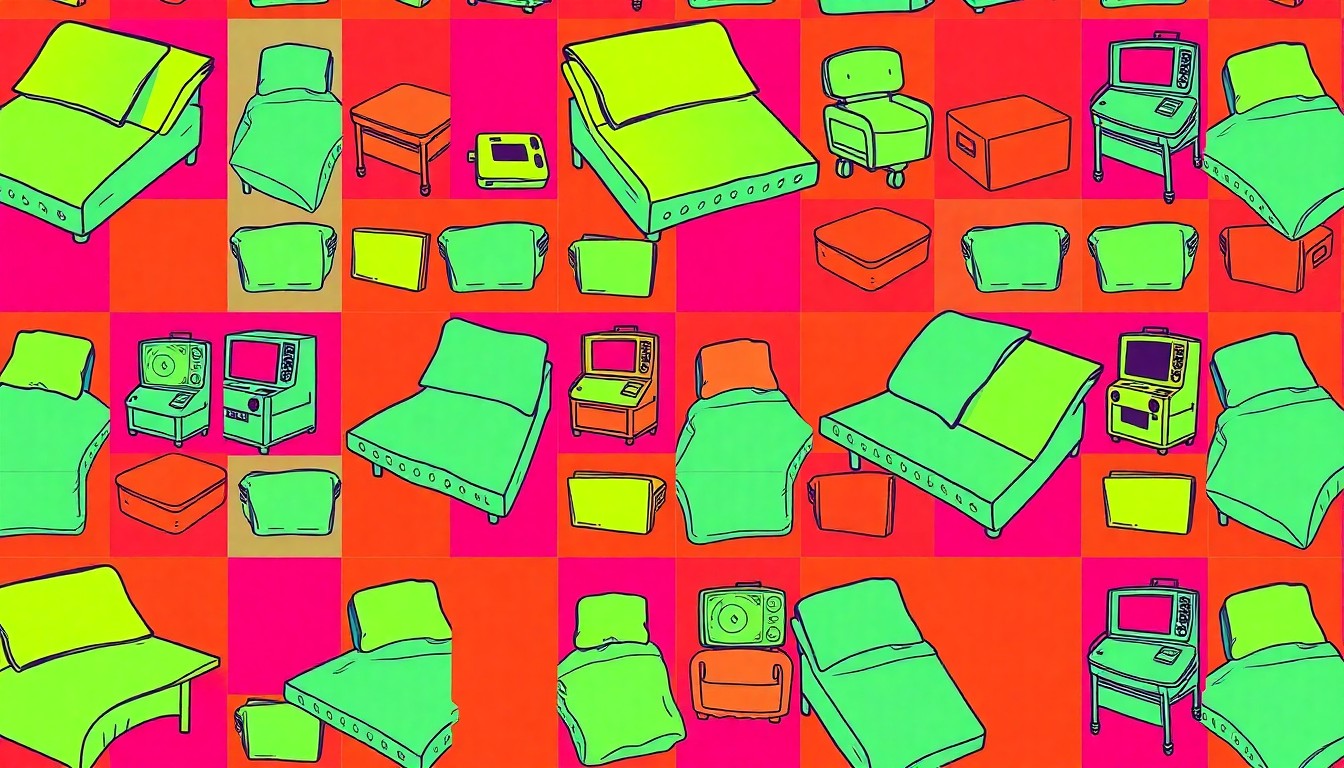 A grid of brightly colored, high-contrast silkscreen prints of an iconic end-of-life care object, conceptually representing the collaborative efforts to support dignified, compassionate care.