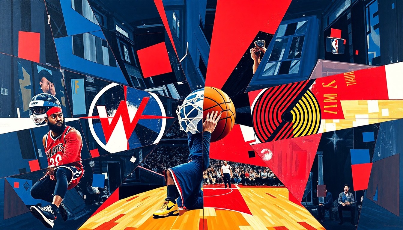 A fragmented, geometric painting in bold colors depicting the action and energy of a basketball game between two NBA teams.
