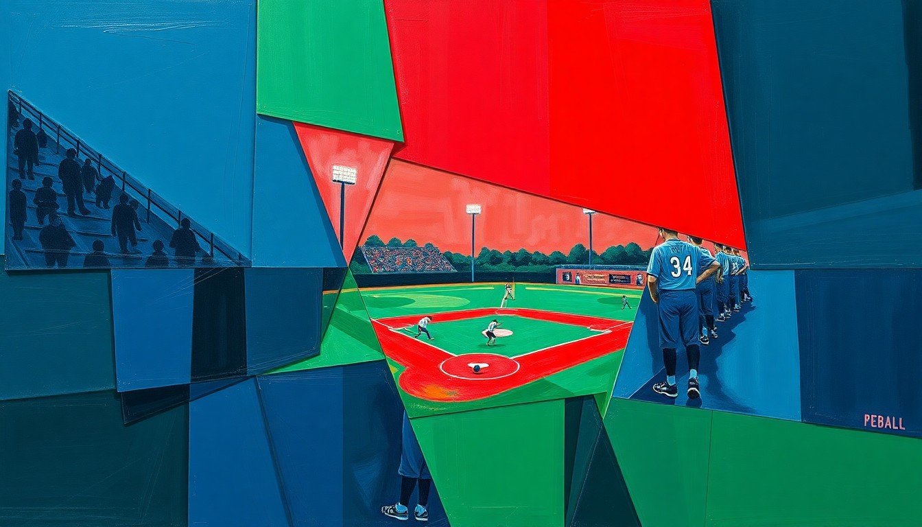 A cubist, geometric painting in navy, green, and red depicting the dynamic action of a high school softball game, with players and the field fragmented into sharp, overlapping planes.
