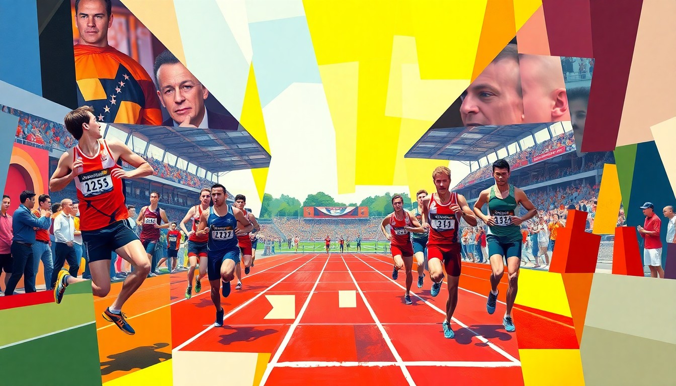 A cubist, geometric painting depicting a track and field competition, with sharp, overlapping planes of color representing the athletes, equipment, and competition venue.