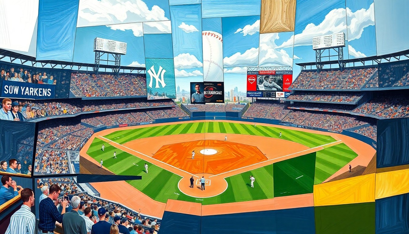 A fragmented, geometric painting depicting a baseball game between the New York Yankees and San Francisco Giants, with sharp planes and overlapping perspectives capturing the dynamic action on the field.