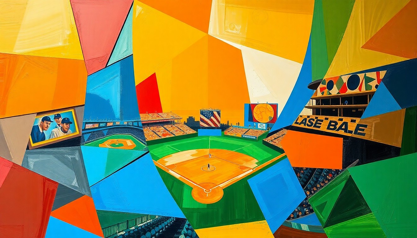 A fractured, multi-perspective painting in bold, vibrant colors, breaking down a baseball game into sharp, overlapping geometric shapes and planes, conceptually representing the strategic tension and energy of the match.