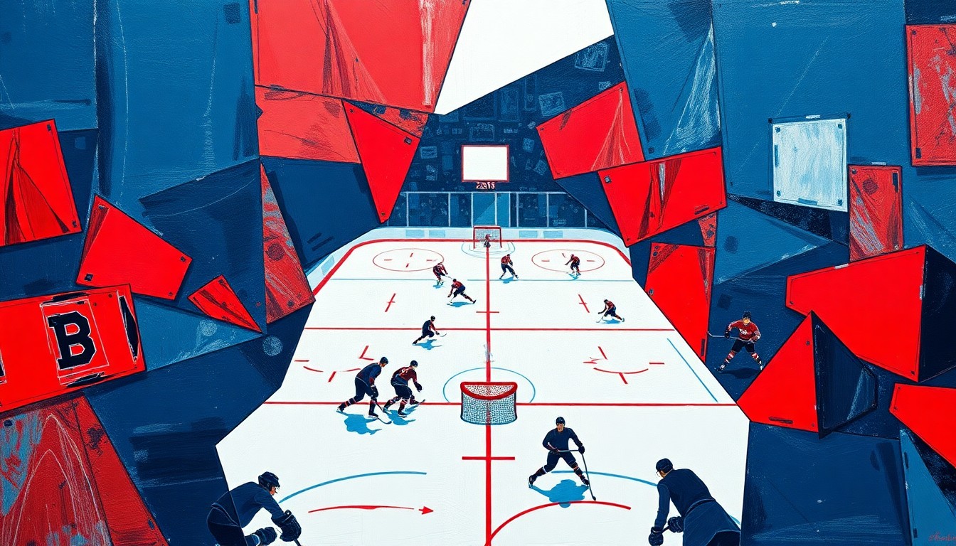 A cubist, geometric illustration depicting the action and energy of a hockey game, with sharp, overlapping shapes in navy, red, and white representing the players, puck, and arena.