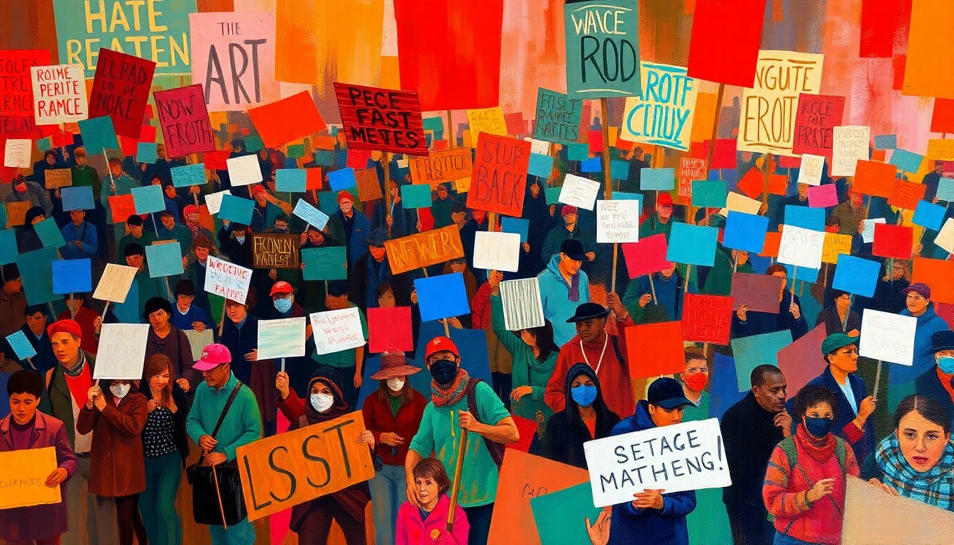 A colorful, fragmented painting depicting a crowd of protesters marching with signs, the figures repeated in overlapping, geometric waves of vibrant colors, conceptually representing the dynamic energy and momentum of the No Kings movement.