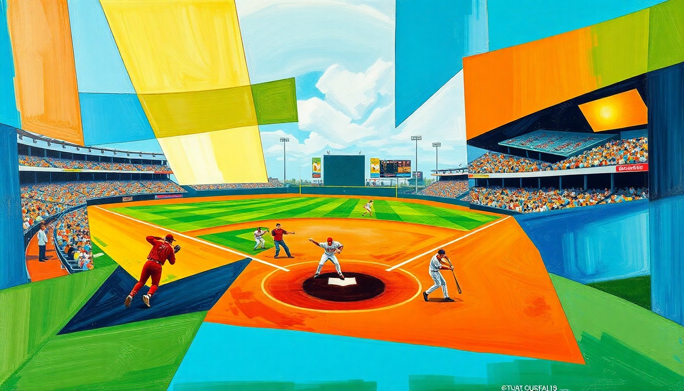 A cubist-style painting featuring sharp, overlapping geometric shapes in vibrant colors like blue, green, and orange, depicting the dynamic action of a softball game.