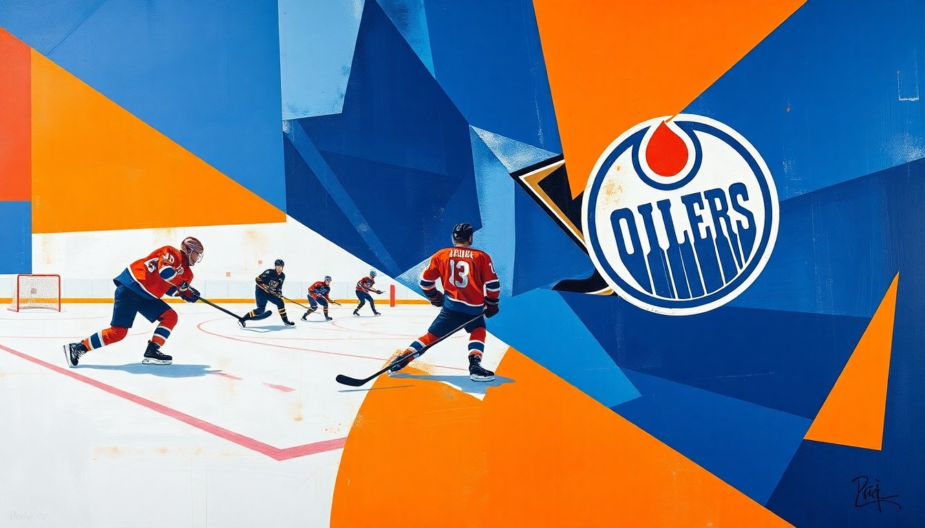A fractured, multi-perspective painting depicting a hockey game between the Edmonton Oilers and Anaheim Ducks, with the players' movements and the puck's trajectory broken down into abstract geometric shapes and angles in shades of orange, blue, black, and gold.