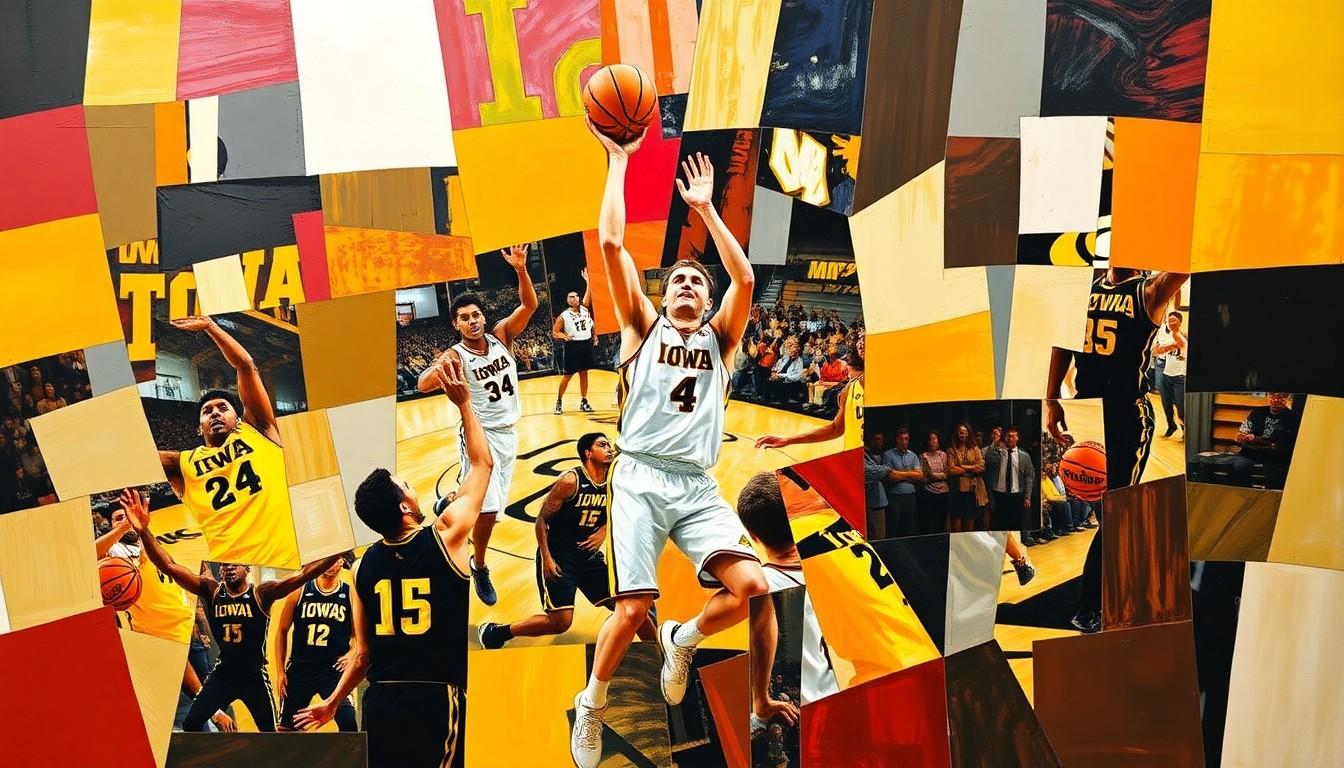 A fractured, multi-perspective painting in bold, geometric shapes and colors representing the intensity and energy of a basketball game, conceptually illustrating Iowa's unexpected tournament success under a new head coach.