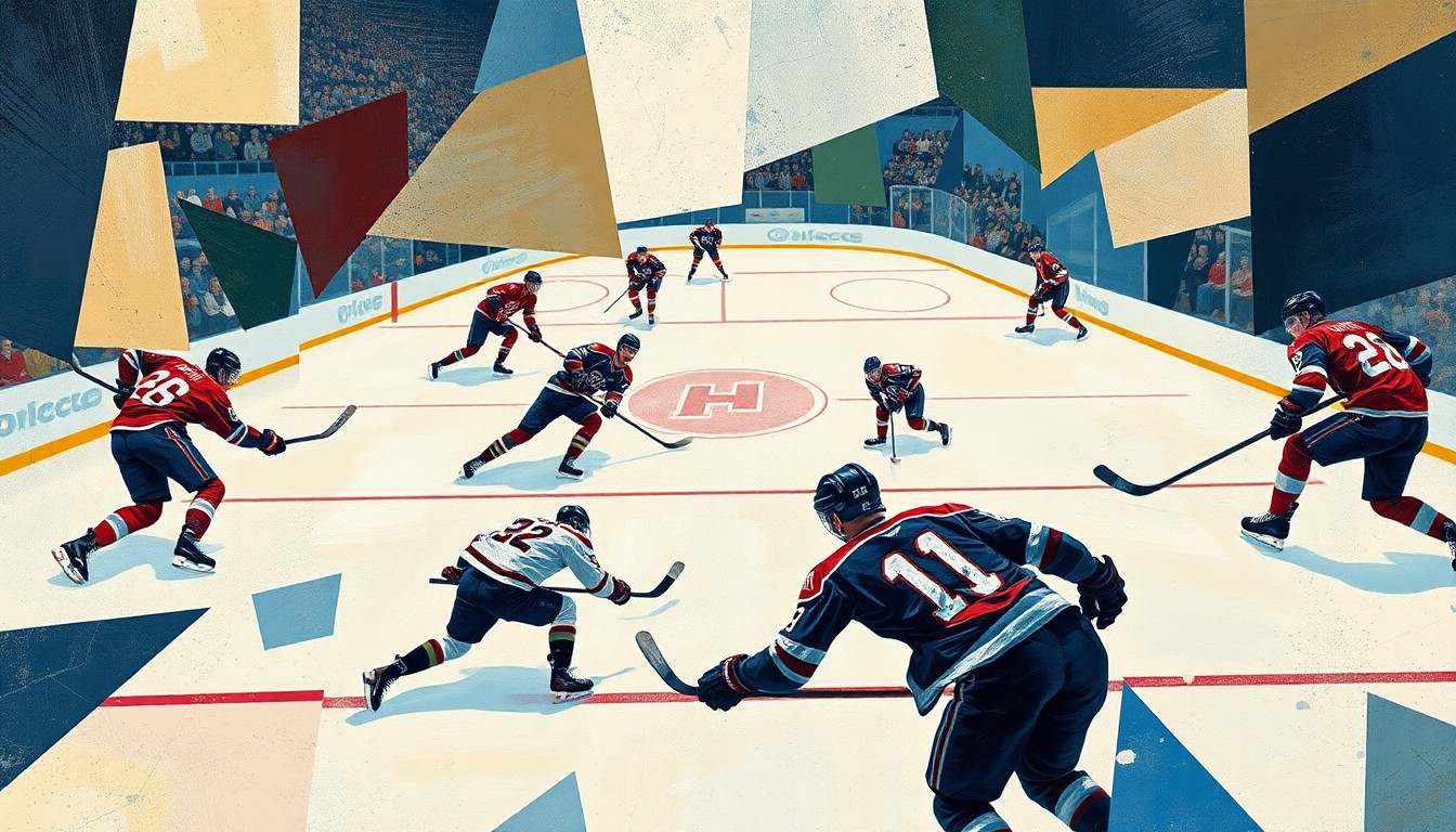 A fractured, multi-perspective painting in the style of Pablo Picasso, breaking down a hockey game into sharp, overlapping geometric planes, with players and the ice deconstructed into angular, cubist forms that capture the raw energy and motion of the sport.