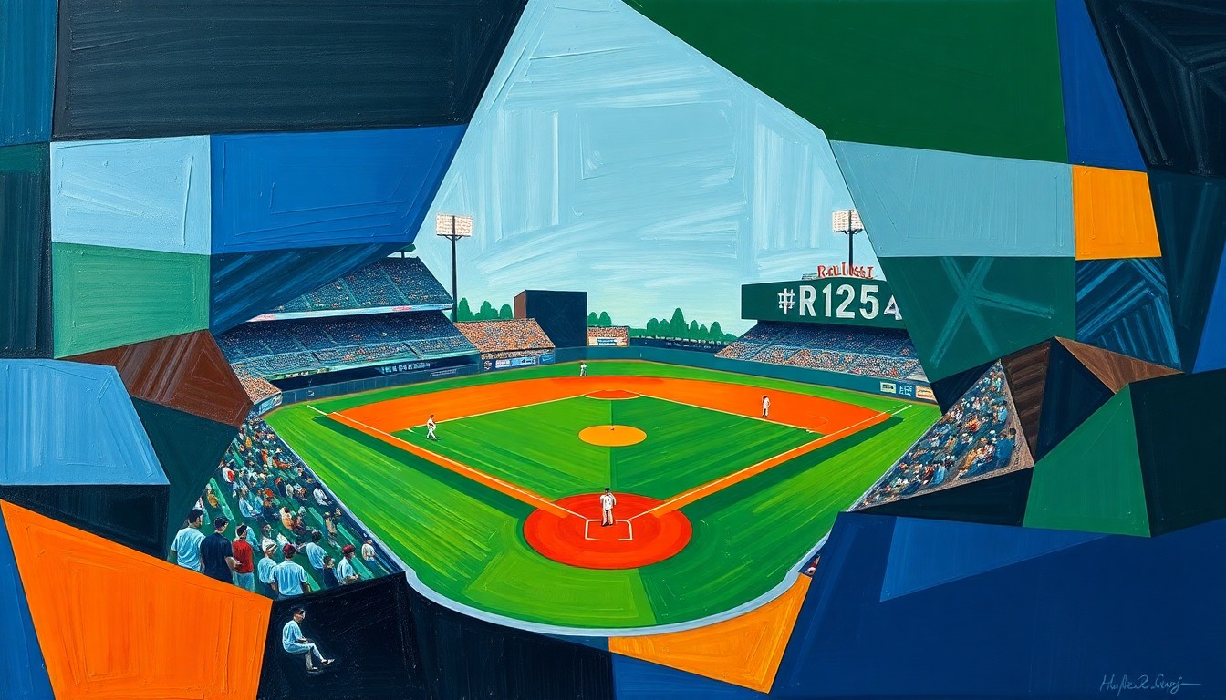 A fractured, multi-perspective painting depicting a baseball game, with the field and players broken down into sharp, overlapping geometric shapes in a palette of navy blue, forest green, and burnt orange, conceptually representing the strategic adjustments teams are making to the new Automated Ball-Strike System.
